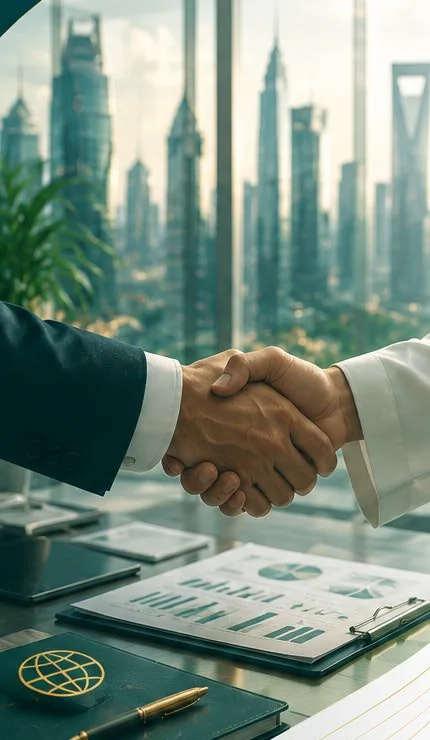 Two business partners shaking hands in front of the Riyadh skyline